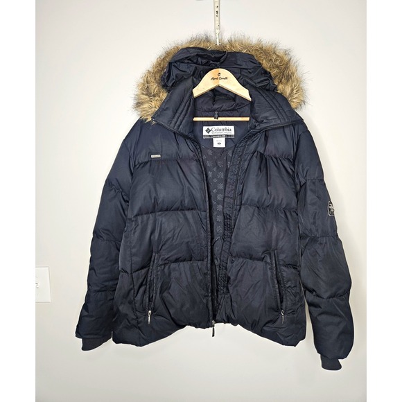 Columbia Jackets & Blazers - Columbia 1X Black Down Puffer Jacket Hooded Faux Fur Trim Zip Down Gorpcore Cozy